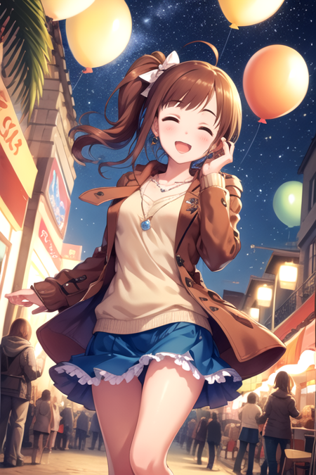 <lora:KyokoIgarashi-04:0.7>, kyoko, long hair, looking at viewer, blush, smile, short hair, open mouth, multiple girls, skirt, blonde hair, brown hair, bow, brown eyes, jewelry, collarbone, jacket, closed eyes, ahoge, hair bow, earrings, outdoors, frills, sky, 3girls, hood, necklace, bag, side ponytail, sweater, tree, blue skirt, coat, :3, night, wavy hair, star (sky), night sky, starry sky, palm tree, balloon, ferris wheel