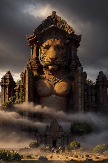 landscape, a tiger in front of candijateng at dawn, epic, fog, temple stone, ornament, ornate, details, forest, dim light, mountain, forest <lora:ARWCandiJateng:1>, advntr,  <lora:sceneConcept_s_v2:0.6>