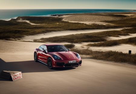 1porsche-panamer,bright red color,right front view,  in front of a ocean,  with a sign on it's side that says cafe del margheri<lora:lora-majic-2porsche-panamer2.1-000029:0.8>