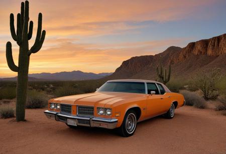 (1973 Oldsmobile Delta 88 Royale), Oldsmobile, orange sky, sky, outdoors, sunset, orange background, mountain, desert, gradient sky, yellow sky, cliff, cloud, rock, blue sky, tree, nature, evening, twilight, mountainous horizon, solo, grass, hill, day, horizon, orange theme, sand, sun, dusk, forest, cactus, motor vehicle, no humans,
