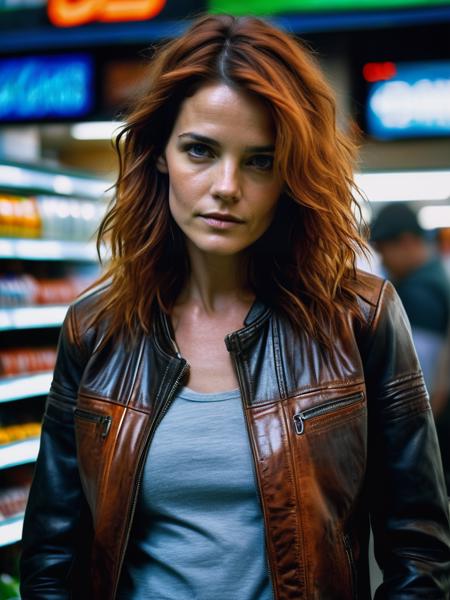 professional portrait photograph of a beautiful Katie Holmes with (long orange hair), (wearing a distressed futuristic leather jacket:1.2), (in a convenience store with many advertisements and signs:1.2), summer <lora:DetailedEyes_V3:0.8> (pores:0.5) (freckles:0.2)
