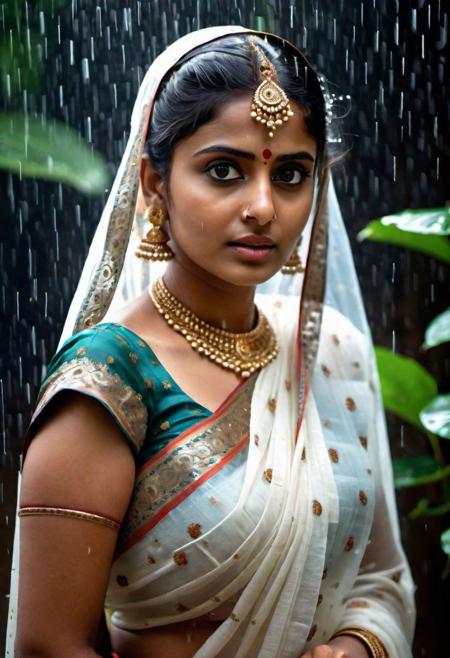 An women elegantly draped in a transparent white sari, big eyes, Detailed facial and body expressions and traditional Hindu symbols enhance the emotional depth background is heavy rain in hut