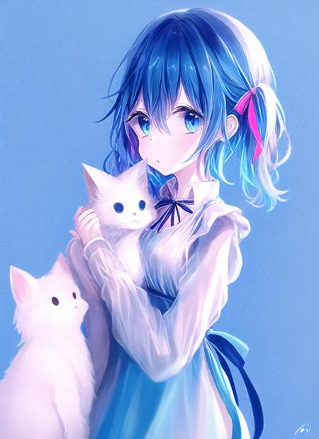 <lora:konekomari2-000035:1>, unknown, original, koneko mari, 1girl, animal, artist name, bangs, blue background, blue eyes, blue hair, blue theme, cat, dress, hair between eyes, hair ribbon, holding, holding animal, holding cat, long sleeves, looking at viewer, one side up, pinafore dress, pink ribbon, ribbon, short hair, signature, solo