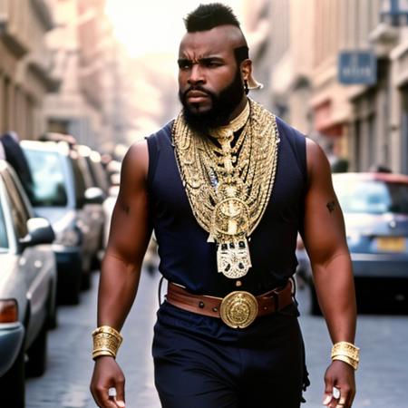 a man walking on a crowded street , full body,  Highly detailed, masterpiece, best quality, photorealistic,  <lora:MrTLora:0.8> male focus, realistic, dark skin, facial hair, beard, black hair, manly, jewelry, mohawk, bracelet, serious