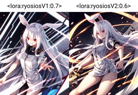 1girl, very long hair, white hair, red eyes, rabbit ears, white uniform, (evil grin:0.7), speed effect 
<lora:ryosiosV1:0.7> ryosios