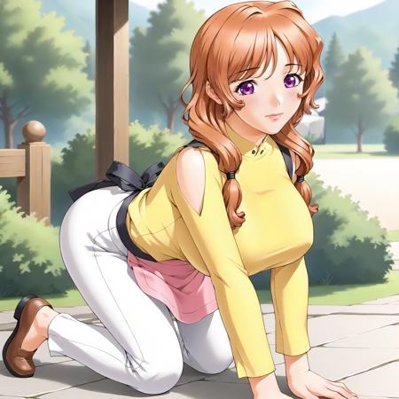 MomokoHanamaru,1girl,mature female,orange hair,low-tied twintails,purple eyes, large breasts, yellow shirt,shoulder cutout, waist apron,pink apron, white pants,