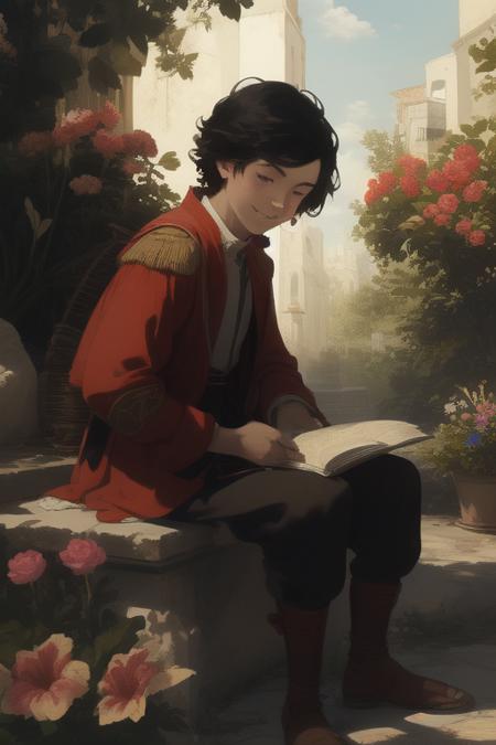 In a tranquil garden surrounded by flowers and leafy trees, stands a young ephebe dressed in his impeccable Roman legionary uniform. His armor glows in the sunlight, but in this peaceful environment, he is not prepared for battle.

Instead of weapons, he carries a basket of fruit and a jug of wine in his hands. His face shows a relaxed smile and his eyes sparkle with joy as he enjoys a well-deserved break in the middle of nature. 

The young ephebe is seated on a stone bench, surrounded by books and scrolls that indicate his interest in knowledge and culture. Beside him, a lyre rests, ready to play soft, harmonious melodies.

While savoring fresh fruits and sipping wine, the young ephebe enjoys the serenity of the garden. The sound of birds chirping and the scent of flowers in the air bring you peace and tranquility.

Art layer upon layer. Highres detailedly. Highres resolution. Highres Definitely. Depth of field. Wide viewing angles. HDR. Dynamic Contrast, Jon Kent, Superboy, Black Hair, Blue Eyes, Baroque, Light, Dark, Art