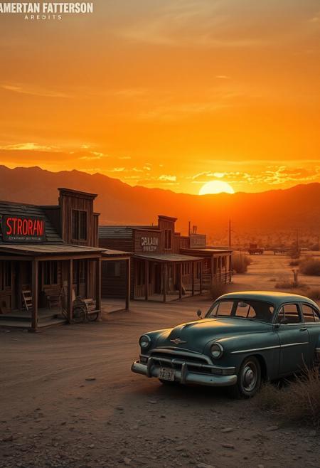 Ghost Town at Sunset in the American Southwest: A dusty ghost town bathed in the golden light of a desert sunset, with weathered buildings and abandoned cars.  Combine the storytelling elements of Elizabeth Patterson with the hyperdetailed textures of Diego Fazio.