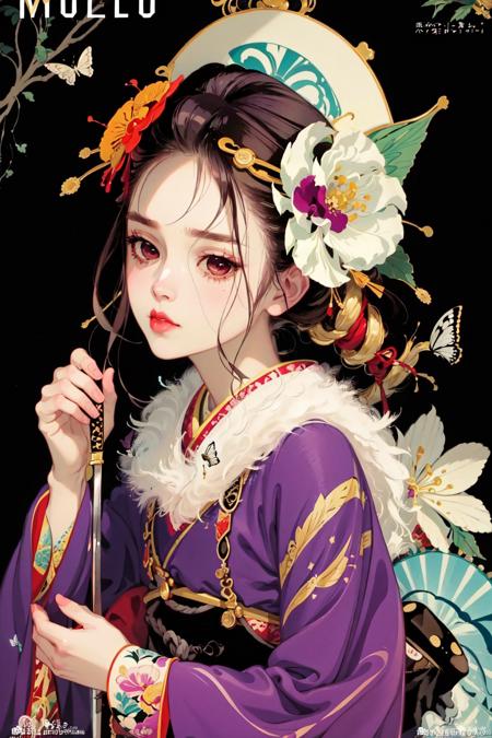 1girl, solo, looking at viewer, black hair, hair ornament, holding, brown eyes, weapon, flower, japanese clothes, sword, hair flower, kimono, holding weapon, makeup, holding sword,  bug,butterfly, portrait, kanzashi,
 <lora:matsuo:1>