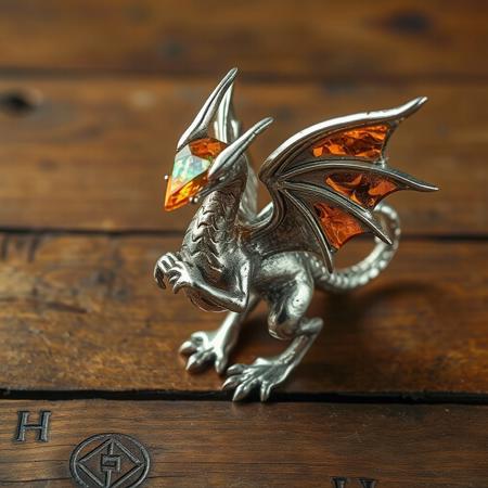 Holding a bevel cut fire diamond gemstone and mirrored silver and gold metal, shaped into the form of a small fire opal shard Wyvern figurine standing on her silver peweter legs on an old antique oiled wooden table inscribed with runic symbols.