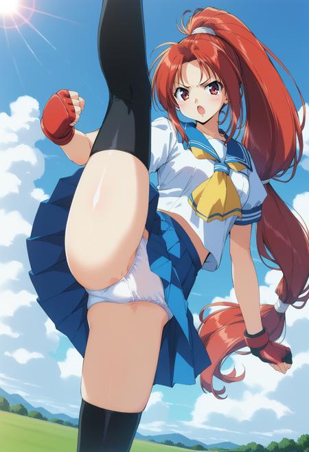 toyoda_karina, red eyes, red hair, long hair, high ponytail, low-tied long hair, fingerless gloves, school uniform, serafuku, blue sailor collar, yellow neckerchief, blue skirt, short sleeves, black thighhighs, zettai ryouiki,