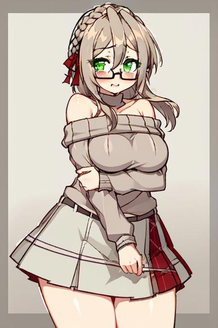 Reneecrushcrush, 1girl, solo, glasses, green eyes, braid, breasts, skirt, sweater, off-shoulder sweater, long hair, 