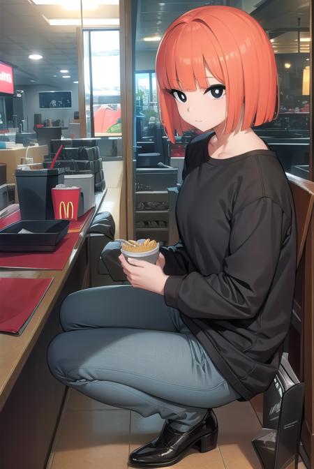 yoru mac, short hair, bangs, (black eyes:1.5), blunt bangs, orange hair, bob cut, smile, (bright pupils:1.5), shirt, long sleeves, pants, sweater, grey pants,