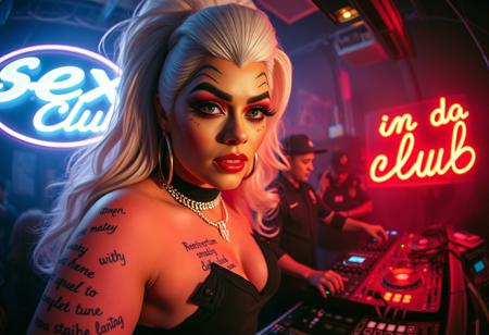 fisheye lenses lgbtq+ transgender dragqueen at a nasty tech house party, white trash,complex thai text tattooes on skin, an infamous dj in the background using a dj conssolle, diffuse blue aze , narcotics squad in action, a huge neon sign reads "sex in da Club"