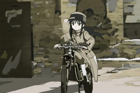 kino, 1girl, portrait, green uniform, full body, motorcycle in background