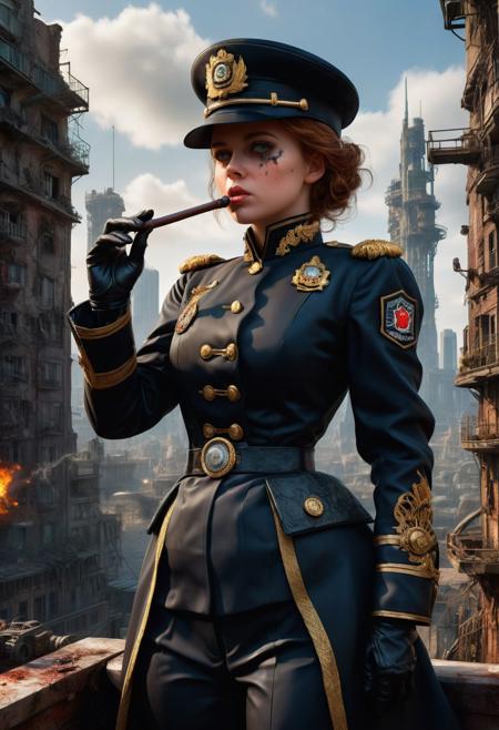 <lora:md2034:0.5> triggering, blood splatter,
poster_\(medium\),  Intense looking but cute and attractive woman smoking an old fashioned pipe, wearing black militaristic uniform and cybernetic monocle stands in front of big stompy mechs with an expansive cityscape in the far distant background, ((it's a glorious future emblem)),  (simple_background:1.3), symmetry,(no_humans:1.3),, (masterpiece:1.3), (best_quality:1.3), (ultra_detailed:1.3), 8k, extremely_clear, realism, (ultrarealistic:1.3),, insane details, intricate details, hyperdetailed, ultra detailed, extreme detailed, highest detailed, high_detail, epic, attention getting, hdr, photorealistic, highres, ultra_high_res, photography, aesthetic, extremely_delicate, ng_deepnegative_v1_75t, Ellis-RealismBoost, epiCRealism