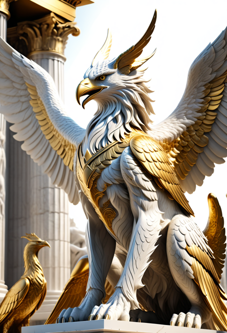 (masterwork, masterpiece, best quality, cowboy shot, hyper-detailed, 8k uhd::1.4),   a white statue of a griffon, gold details, beast, greek mythology,  wings,  fantasy, hyperdetailed, best quality, ultra-detailed, many details <lora:cstatuesdxl:1>, cstatuesdxl, white and gold, gold long dress, photorealistic,
