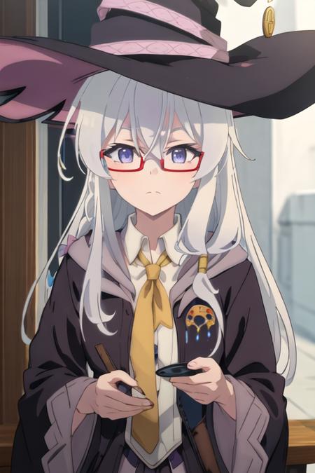 best quality, masterpiece, highres, solo, {elaina_majonotabitabi:1.15}, long_hair, bangs, hair_between_eyes, blue_eyes, closed_mouth, grey_hair, bow, white_hair, hat, witch_hat, black_headwear, purple_eyes, 1girl, blue_necktie, collared_shirt, glasses, necktie, shirt, red-framed_eyewear, semi-rimless_eyewear, white_shirt, under-rim_eyewear, bespectacled, portrait, looking_at_viewer