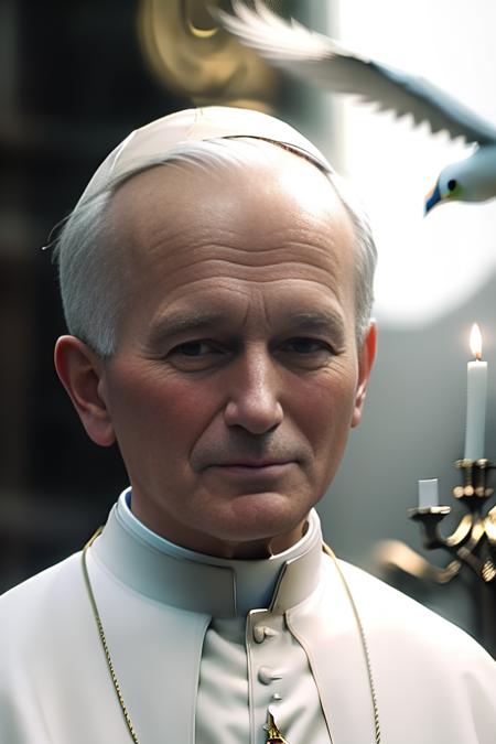 (8k, RAW photo, best quality, masterpiece:1.2), (realistic, photo-realistic:1.37), (photorealistic:1.4), (sharp focus:1.4),(detailed background), pope jp2v1, pale skin, old, church in background, white dove, holy bible, candles  <lora:jpv2:1>