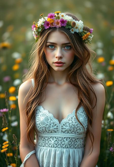 cinematic photo summers meadow, wild flowers
1girl, solo, wild flower crown, long hair, breasts, cleavage, lacy summer dress, thin dress straps, bright green eyes, button nose
bokeh, , score_9, score_8_up, score_7_up, hyperdetailed, hyperrealistic, masterpiece, best quality, (masterpiece:1.3),high-definition, intricate details, volumetric lighting, symmetrical face, level eyes, skin pores . Extremely high-resolution details, photographic, realism pushed to extreme, fine texture, incredibly lifelike . 35mm photograph, film, bokeh, professional, 4k, highly detailed