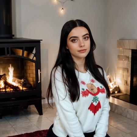 <lora:juliaaburch_sd15_512_128_64_v1:1> juliaaburch, 1girl, black long hair, wearing a christmas sweater, christmas decoration in background, lit fireplace in background