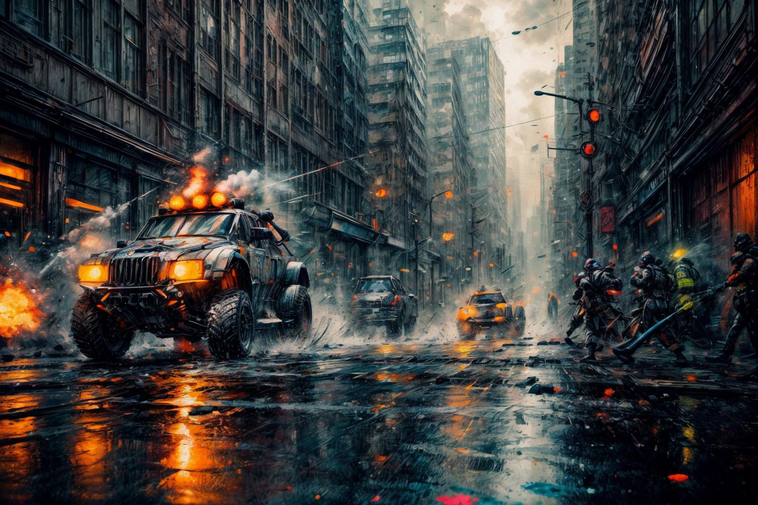 (RAW photo, 8k uhd, Analog style, Masterpiece, Best Quality, Highres:1.3), (dramatic, cinematic:1.2), BREAK,
movie shot of (ultra-detailed:1.1), (striped:1.3) (military:1.4) (cyberpunk:1.3) (battlecar:1.35) (armed with turret machine gun and grenade launchers:1.33) (rushing:1.3) through (cyberpunk city street:1.35), ((glossy:1.1) technological futuristic design:1.2), (drifting:1.3), (neon lights:1.1), (wet asphalt, reflections:1.2), (firing tires:1.35), (water splash, puddles:1.32), (debris:1.32), (steam:1.3), (frightened:1.1) (pedestrians:1.4), (bright day:1.15), (daytime:1.15) (cloudy sky, (rain:1.1):1.2), (skyscrapers:1.15), BREAK,
(photorealistic:1.2), (dutch angle:1.4), (light particles, colorful:1.2), (action movie scene, dynamic composition, fast, chasing:1.3), (motion blur, motion lines:1.3), (cyberpunk, science fiction, blockbuster, military vehicle, volumetric light:1.3), (daylight:1.2) (noir:0.5) (urban atmosphere, vehicle focus, cinematic tone, toxic, glowing, intricate, electricity, purple orange green color scheme, graffiti, (dust:1.1), no humans:1.2), BREAK,
<lora:more_details:1.0>,
<lora:zoom_slider_v1:2.0>