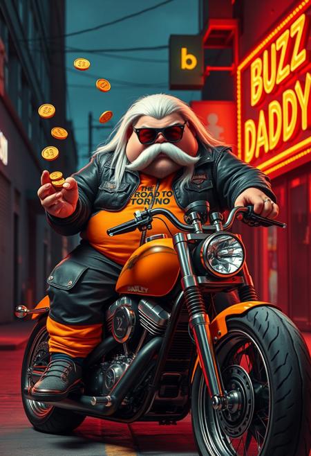 Buzz Daddy is a larger-than-life character with a Harley biker edge. His chubby, bulky build contrasts with his rugged style—dressed in a leather-studded corporate tracksuit with psychedelic accents, and a standout orange piece reading “The Road to Torino.” A buzz coin-shaped yogurt buckle and long, straight white hair complete his look. His thick, bushy Harley-style mustache and beard add a tough, custom flair, while his Ray-Ban Wayfarer goggles reflect the electric glow of neon signs. Buzz Daddy mischievously tosses stacks of Buzz coins, embracing his rebellious energy.
In this Harley custom scene, Buzz Daddy sits atop a roaring, custom Harley motorcycle, with the open road around him. The gritty alleyway setting is bathed in neon lights, adding to the vibe of freedom and adventure. His name, “Buzz Daddy,” is emblazoned in bold cinematic lettering on the side of his bike or a nearby glowing billboard, blending digital art with biker culture. The composition is surreal and playful, reflecting Buzz Daddy’s meme-driven persona, amplified by artistic influences from aidmafluxpro1.1, aidmaMJ6.1, and aidmahyperrealism, creating an unforgettable visual of his larger-than-life presence.
