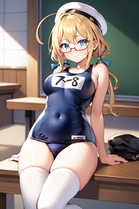 I8KC, 1girl, solo, white thighhighs, hat, ribbon, swimsuit, hair ribbon, ahoge, glasses, one-piece swimsuit, low twintails, school swimsuit, peaked cap, name tag