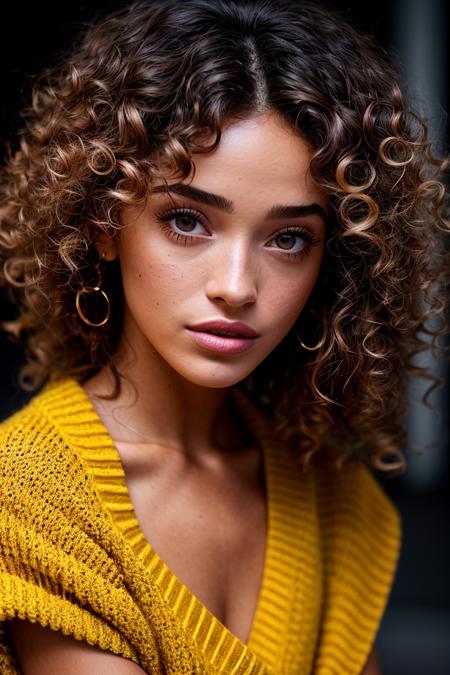 photo of beautiful (ed3nf1:0.99), a woman in a (movie premiere gala:1.1), perfect curly hair, wearing yellow (sweater vest:1.1),  ((Roma:1.1)), modelshoot style, (extremely detailed CG unity 8k wallpaper), professional majestic (photography by  walker evans:1.1), (Nikon Z7 II Mirrorless Camera), 24mm, exposure blend, hdr, faded, extremely intricate, High (Detail:1.1), Sharp focus, dramatic, soft cinematic light, (looking at viewer), (detailed pupils), (upper body), 4k textures, soft cinematic light, adobe lightroom, photolab, elegant, ((((cinematic look)))), soothing tones, insane details, hyperdetailed, low contrast