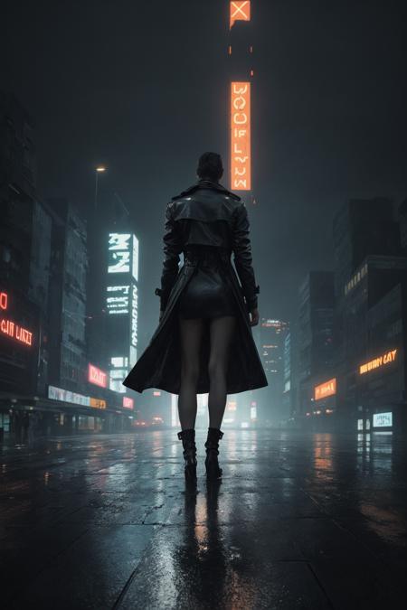 A lone figure standing on a rainy cyberpunk rooftop, glowing neon signs, dark skyscrapers stretching into the fog, reflections on wet surfaces, flying cars in the background, wearing a black trench coat, moody cinematic lighting, night city vibes, sharp detail, 4k, Blade Runner-inspired