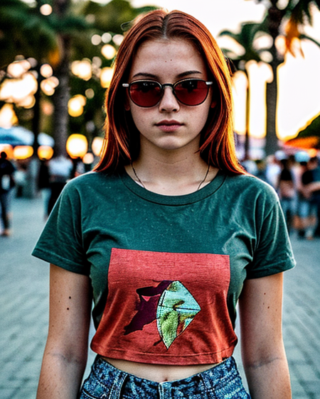 a 18 years old female teen, hair red, (green eyes), red t-shirt, at a plaza full of people, (blue shaded sunglases), at sunset
RAW photo, subject, 8k uhd, dslr, soft lighting, high quality, film grain, Fujifilm XT3