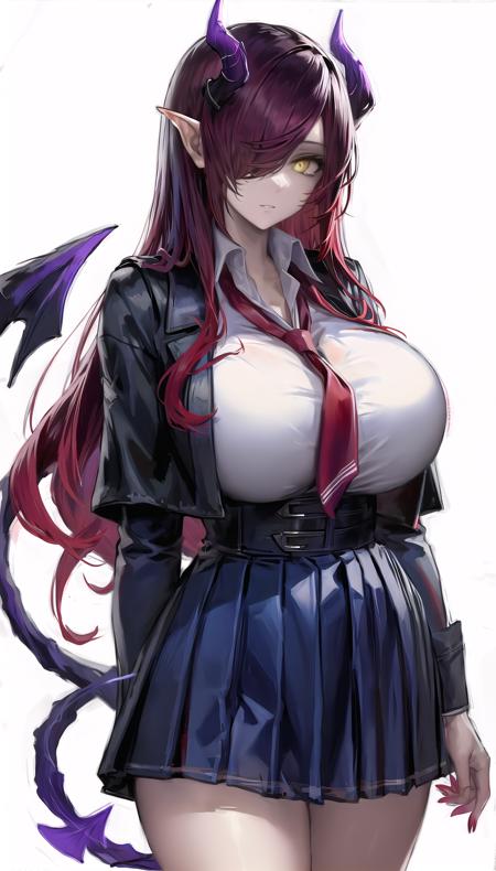 ascalon-hairstyle,horns,red hair,yellow eyes,hair over one eye,
(school uniform:1.28),demon tail,
lady,mature female,
cowboy shot, 
(white background, simple background:1.08),
highres,official art,original,masterpiece,best quality,
(huge breasts),
 <lora:ascalon4 2head:0.7>