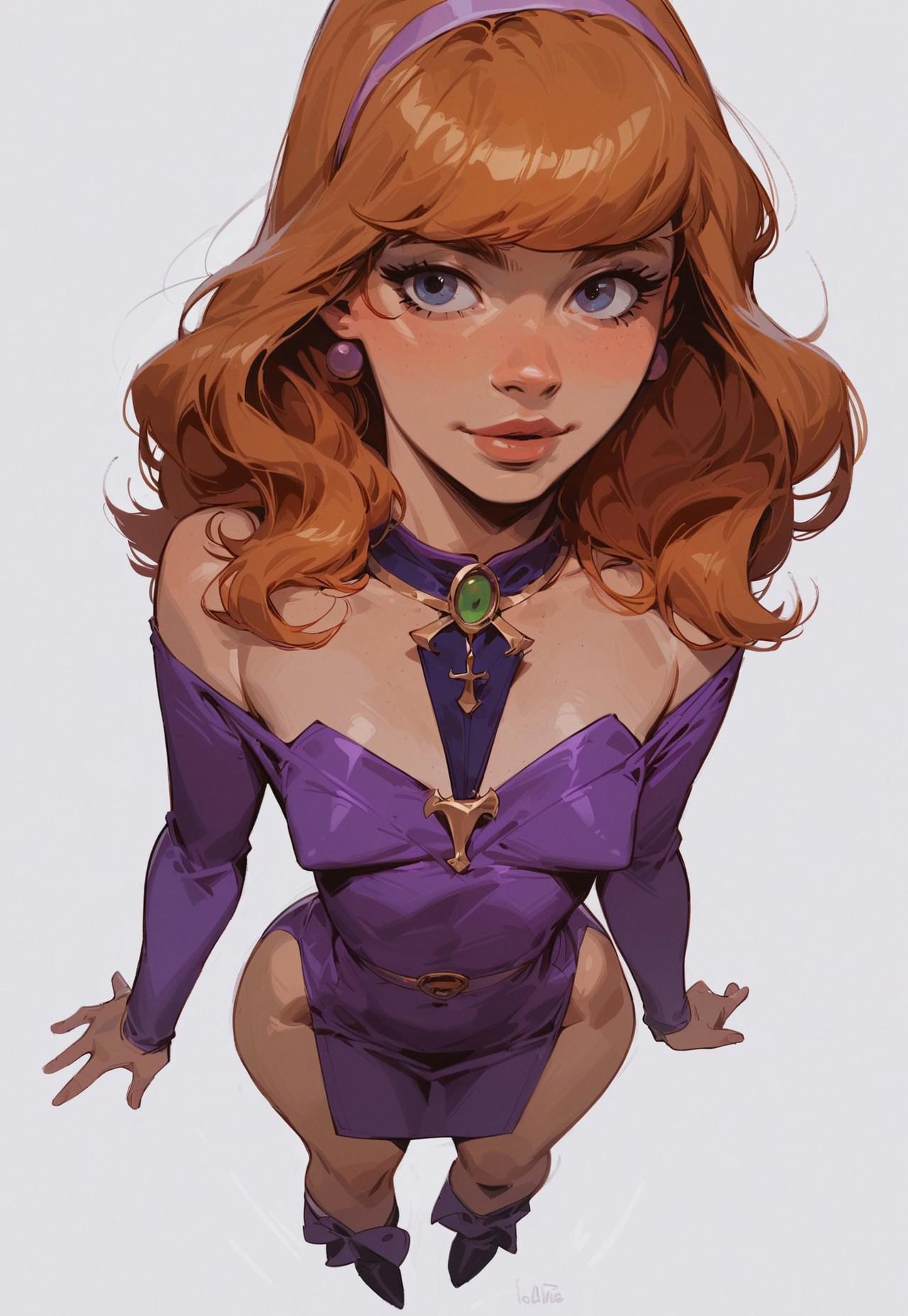 safe_pos, safe_pos, safe_pos, score_9, score_8_up, score_7_up, source_anime, high res image, masterpiece, best quality, daphne blake, small breasts, pointy breasts, cute face, clear skin, shiny hair, simple background, noble dress, Focus from above, puffy nipples, skinny, wide hips, small waist, fit body