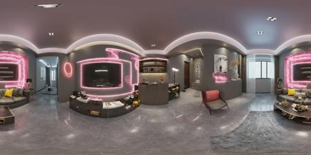 Neon noir <lora:JJsPanoramicLivingroom_XL:1>, ((Panoramic)), ((livingroom)),  ((masterpiece)), ((best quality)),  realistic, high detailed,  (indoors) , no human,   window,   curtain, table, rug, sofa, television, ceiling light, (modern), . Cyberpunk, dark, rainy streets, neon signs, high contrast, low light, vibrant, highly detailed