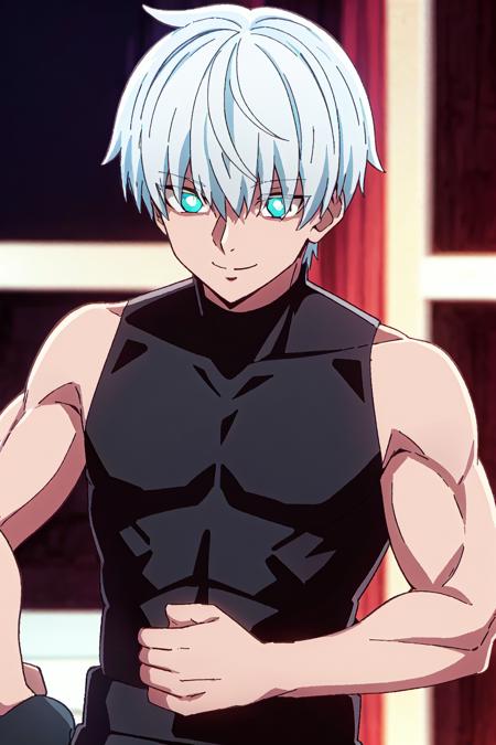 ragna, 1boy, solo, blue eyes, white hair, short hair, smile, blue eyes, bangs, eyes visible through hair, sleeveless, muscular, black sleeveless top, boxing pose
high quality, best quality, ultra detailed, masterpiece, big breast, detailed hands, <lora:EMS-52523-EMS:0.700000>