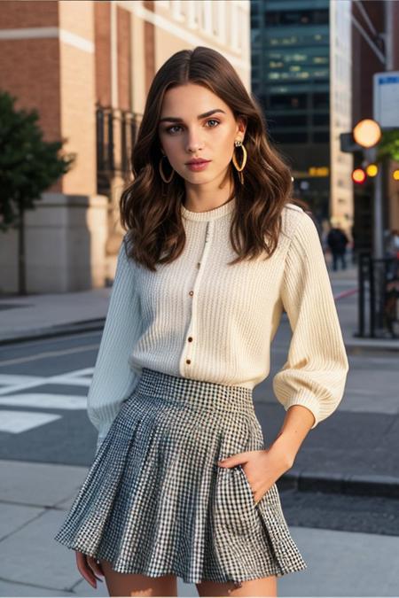 PA7_Photo, [Victoria Justice:Lily Collins:0.9], detailed green eyes, detailed lips, detailed face, (8k, high quality, shot on Hasselblad X1D II Digital), hourglass figure, slim waist, (cleavage:1.2), large breasts, (sagging breasts:1.2), detailed fingers, (Gingham blouse, very short skirt with slit in front:1.2), earrings, princess neckline, nipple slip, bracelet, hand on hip, <lora:GoodHands-vanilla:1> nice hands, perfect hands, at the Tonight Show, <lora:epiCRealismHelper:0.99>, <lora:add_detail:1>