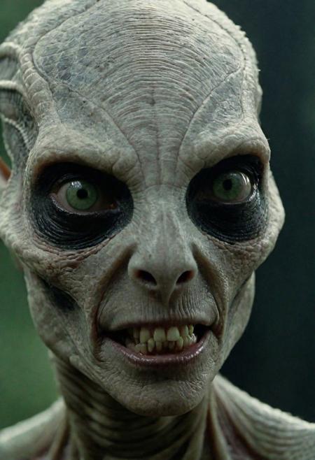 film still extreme close-up on seasoned face of an beautiful female alien, no nose, fish skin, 8 snake eyes, large mouth with lot of teeth, phisporescent lines under the skin, smirk, weathered by time, green eyes heavy with memory, the backdrop shrouded in darkness where vague shapes imply haunting mysterious schemes. chiaroscuro lighting heightens sharp creases, film grain, shot on Arri Alexa Mini with vintage Zeiss lenses, mystique of bygone eras, dull side light, psychological thriller genre, sorrowful and uncanny ambiance, cinematic masterwork by head of prompt engineering  <lora:add-detail-xl:1>