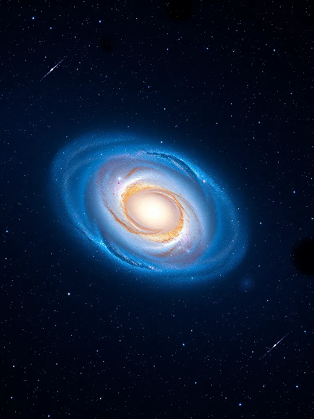 A photo of the cosmos with stars and galaxies. There is a large spiral galaxy with bright blue spiral arms and a yellowish core. The background contains a multitude of stars and galaxies. The image has a blue hue.