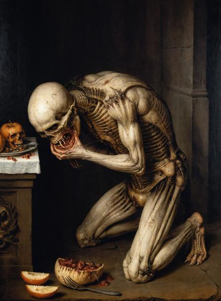 a renaissance painting of a man kneeling,eating,horror,dreadful,ugly,death,<lora:g1g3r:0.8>,teeth,<lora:add-detail-xl:1>,(skull:0.5),