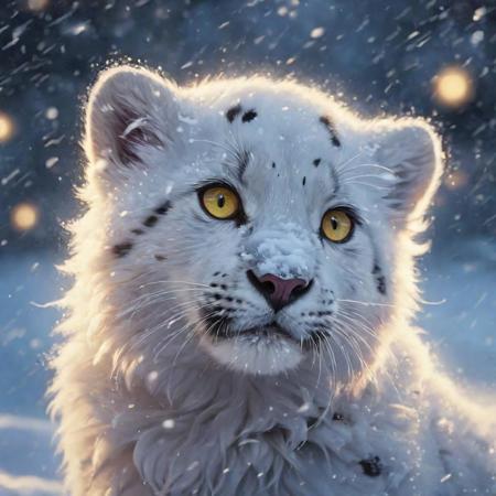 style by (Clay Mann:2.5),unique realistic (fluffy cute snow-panther puppy:1.8)  phantasmagoria, Christmas Night Atmosphere,Dynamic Angle,Dramatic Lighting,strom-snowfall detailed winter  masterpice,digital painting,<lora:add-detail-xl:1.4>, windy epic polar,perfect freckles face,dirty fantasy,(luminous yellow eye),professional make-up,mesmerise 1female selfie, ,Huge Detailed Scene inspired by the catwoman