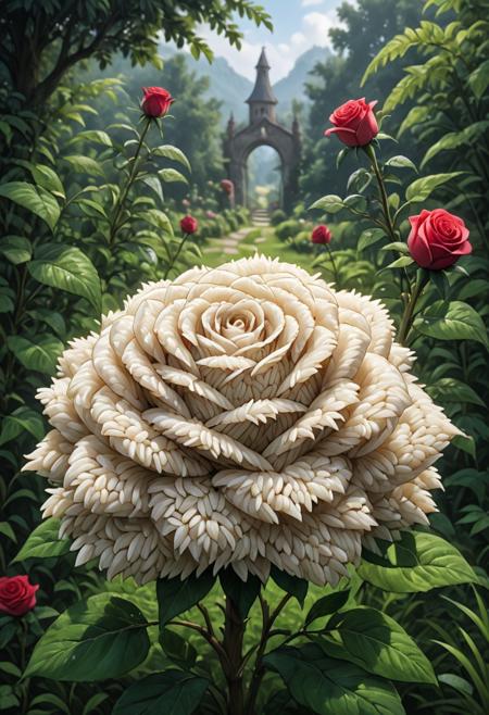 A rose made out of rice grains in a garden background. Ultra-detailed, absurdres, masterpiece, high quality. <lora:Rice_Grains_Morph:1>,