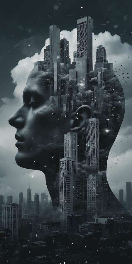 A surreal dream-like image of a human head with skyscrapers and buildings growing out of it. A double-exposure style. The buildings made in brutalist style in various shades of grey and black. There are floating clouds and stars in the sky. The background is a moody darkness field. The overall image has a dark dream color palette. Dystopian atmosphere, retro-futuristic, masterpiece.