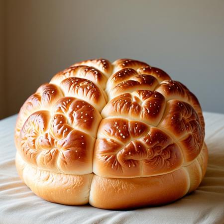 A whimsical and slightly unsettling ((masterpiece)) of a human brain perfectly sculpted from soft golden and slightly sweet ((brioche bread)), the brain convolutions and fissures are rendered with a delicate fine crumb texture highlighting its fluffy tender interior, the brain rests elegantly on a plush velvet cushion like a precious strange artifact under a soft spotlight, ((no non-bread elements, no actual organic matter, no real fabric for the cushion)), artisanal appearance, realistic brioche texture, subtle golden sheen. ((Soft, diffused spotlighting)), elegant composition, ultra-detailed, best quality, photorealistic.