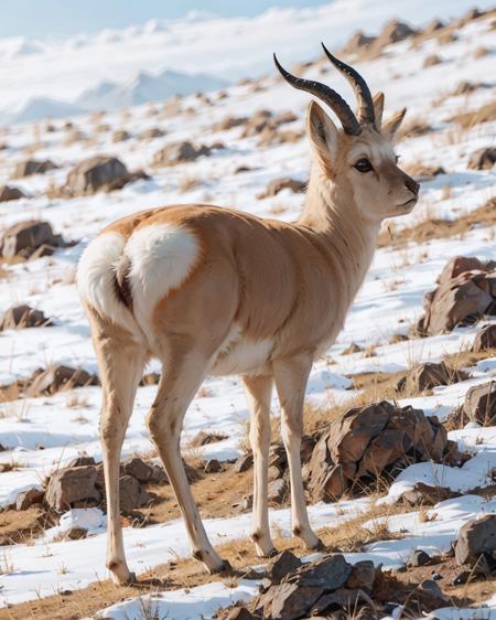 no humans, tibetan gazelle, horns, realistic, outdoors,  snow, rock,  grass,  <lora:tibetan_gazelle_v1:0.67>