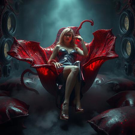 blonde damsel.  lifted glossy nightgown, her glasses askew, glossy high heels, she is laying inside giant rafflesia bloom , red tentacle from the bloom groping her,  her legs spreaded wide apart, knees bent,   penetration, orgasm, mind break,   surrounded by  giant rafflesia  glossy  crystal slime covered red colossus petales , reflecting the faint glow of the weird alien laboratory chamber. fog from the floor. floor covered by giant leather pillows.   the walls appear to be alive, covered in a pulsing, iridescent slime, while colossus observation portholes gaze in like empty eyes, as if the very darkness of space itself is watching this horrific scene unfold. Inspired by the dark, industrial sci-fi of H.R. Giger, the eerie, atmospheric lighting of Zdzisław Beksiński, and the surreal, biomechanical nightmares of Francis Bacon.