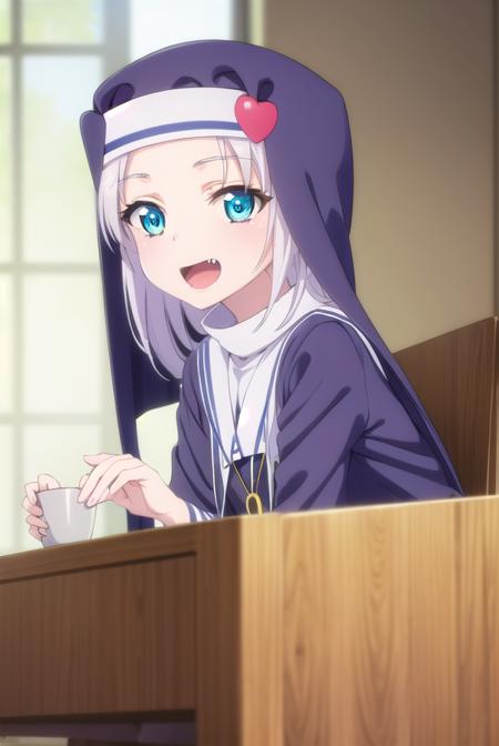 mariatakayama, <lora:maria takayama s2-lora-nochekaiser:1>,
maria takayama, long hair, blue eyes, fang, aqua eyes, smile, open mouth,
BREAK jewelry, heart, necklace, nun, habit,
BREAK indoors, classroom,
BREAK looking at viewer, (cowboy shot:1.5),
BREAK <lyco:GoodHands-beta2:1>, (masterpiece:1.2), best quality, high resolution, unity 8k wallpaper, (illustration:0.8), (beautiful detailed eyes:1.6), extremely detailed face, perfect lighting, extremely detailed CG, (perfect hands, perfect anatomy),