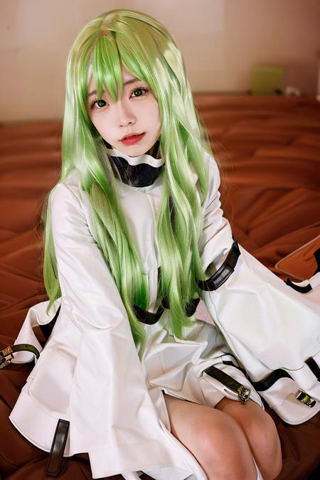 best quality, ultra high res, 1girl, green hair, long hair, cosplay, realistic, straitjacket,  looking at viewer,  <lora:CCcos-000018:1>,  <lora:koreanDollLikeness_v15:0.75>