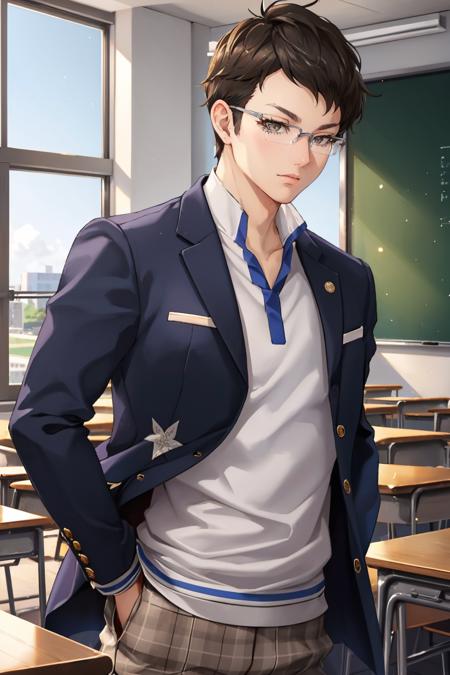 masterpiece, best quality, upper body, cowboy shot, classroom
<lora:zs_Yuzuru:1> yuzurusmt, jacket, glasses, black hair, school uniform, plaid pants