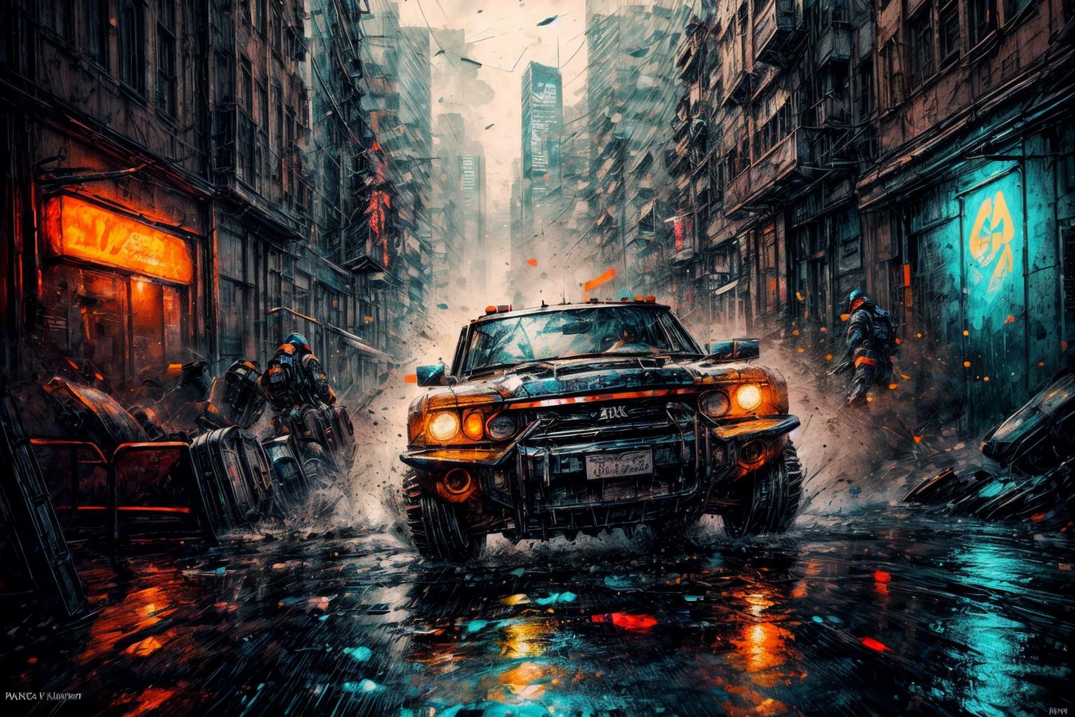 (RAW photo, 8k uhd, Analog style, Masterpiece, Best Quality, Highres:1.3), (dramatic, cinematic:1.2), BREAK,
movie shot of (ultra-detailed:1.1), (striped:1.3) (military:1.4) (cyberpunk:1.3) (battlecar:1.35) (armed with turret machine gun and grenade launchers:1.33) (rushing:1.3) through (cyberpunk city street:1.35), ((glossy:1.1) technological futuristic design:1.2), (drifting:1.3), (neon lights:1.1), (wet asphalt, reflections:1.2), (firing tires:1.35), (water splash, puddles:1.32), (debris:1.32), (steam:1.3), (frightened:1.1) (pedestrians:1.4), (bright day:1.15), (daytime:1.15) (cloudy sky, (rain:1.1):1.2), (skyscrapers:1.15), BREAK,
(photorealistic:1.2), (dutch angle:1.4), (light particles, colorful:1.2), (action movie scene, dynamic composition, fast, chasing:1.3), (motion blur, motion lines:1.3), (cyberpunk, science fiction, blockbuster, military vehicle, volumetric light:1.3), (daylight:1.2) (noir:0.5) (urban atmosphere, vehicle focus, cinematic tone, toxic, glowing, intricate, electricity, purple orange green color scheme, graffiti, (dust:1.1), no humans:1.2), BREAK,
<lora:more_details:1.0>,
<lora:zoom_slider_v1:2.0>