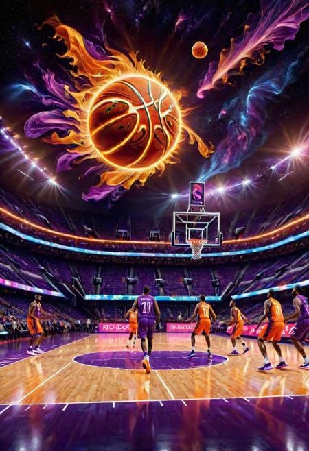 ral-sun purple basketball, orange cosmic backboard, players, stadium,  (modern_design:1.1), (dynamic_elements:1.1), (team_identity:1.1)